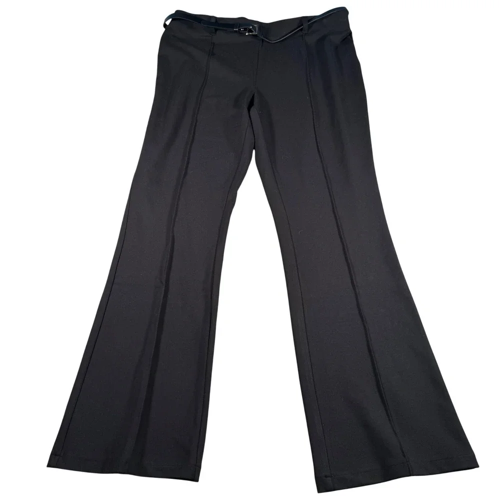 Nicole Miller‎ Bootcut Pants Women XL Black Mid-Rise Belted Front Seam NEW
